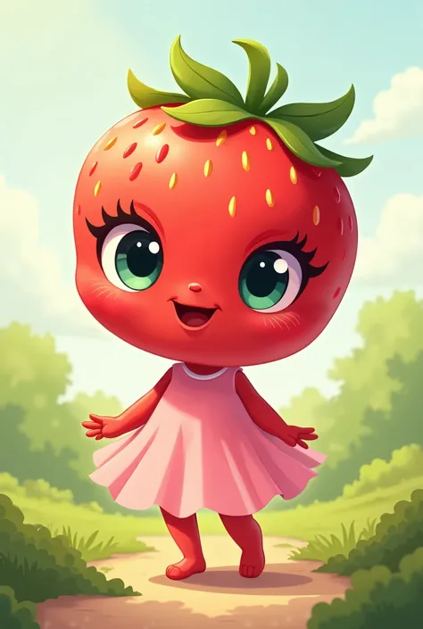  Cartoon of a strawberry with eyes, boca, legs, arms with pink dress  