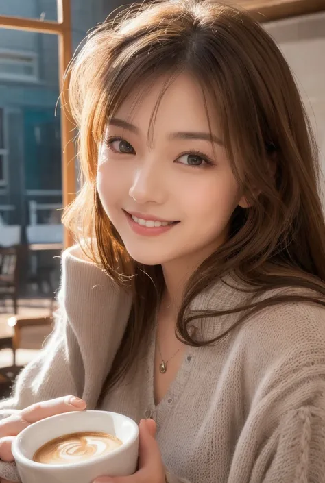  Inhaling Eyes , cute double ,  Mysterious Woman Drinking Coffee at a Cafe , Cafe latte, A floral and gentle perfume, small animals, Inward-curling long hair, Discerning Bangs , Freshly washed hair , First Date, Talented , Kind personality,  Extremely Deta...