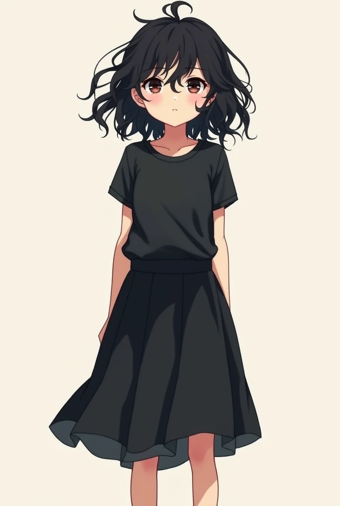 Boy with long curly black hair wearing a black anime skirt and t-shirt