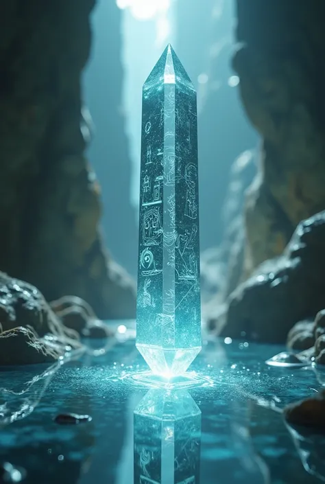 A mysterious elongated and shiny crystal with strange extraterrestrial inscriptions on its sides,This crystal is falling on top of the shimmering glass floor. 3D fantasy and science fiction style .