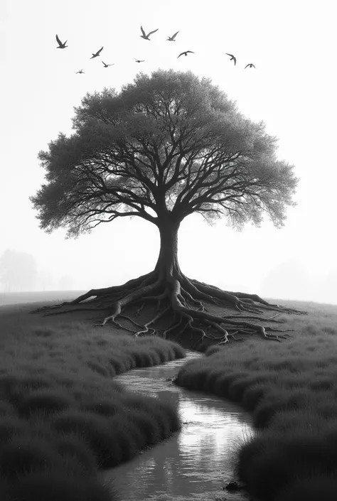 "A black and white image of a majestic, solitary tree standing in the center of an open field. Its exposed roots spread deeply into the earth, while its wide-reaching branches extend toward the sky, creating a striking silhouette. The soft contrast of ligh...