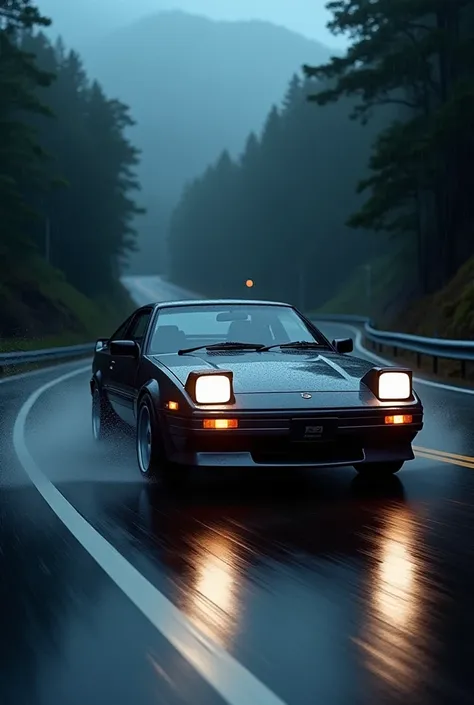 Toyota ae86 in Akina Mountain at night while its raining with the lights on and the floor damp