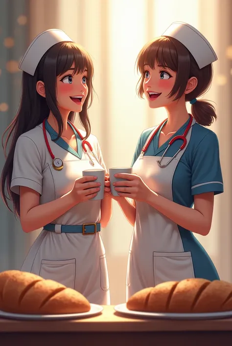 A stage of events and two nurses laughing with good coffee and bread