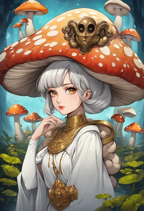 Religious themed portrait, painting of a beautiful woman in a white dress. Her face is hidden by a twisted bronze mask in the shape of a star. A giant mushroom rests on her shoulder, a yellow magic mushroom rests on her shoulder. Just one mushroom. No othe...