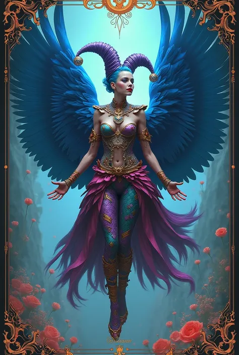  the jester card from the tarot with androgenic design, a blue raven in the background and a futuristic theme 