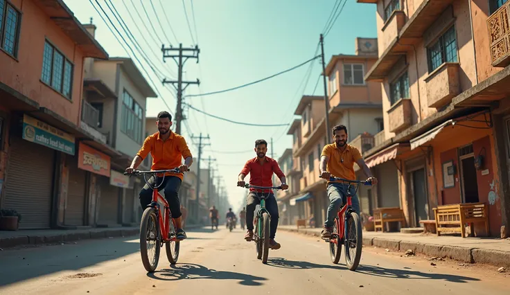 Meri gali mai energy, poora state ka pride:
A hyper-realistic street scene filled with vibrant energy, s playing, young men riding bikes, and a mix of modern and traditional architecture, showcasing pride and unity in a lively neighborhood