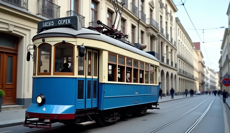  An photo-realistic image of an old-fashioned tram with overhead wires travelling along a town street. The tram is painted with royal blue and cream gloss paint and has two decks, both of which have rooves. Its exterior has rounded corners.