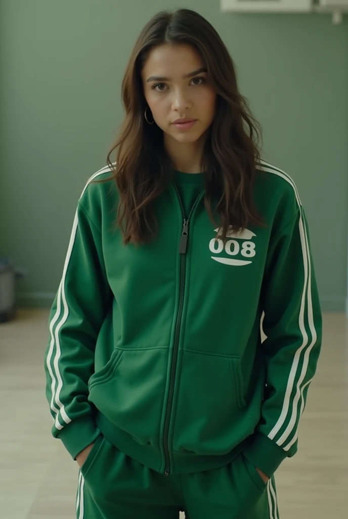  generate an image of Karina from Aespa in round 6 (Netflix Series) How does a player ,  wearing uniform number 008  ( The uniform is green similar to a zip-up sweatshirt with white stripes on the arms and chest the number)