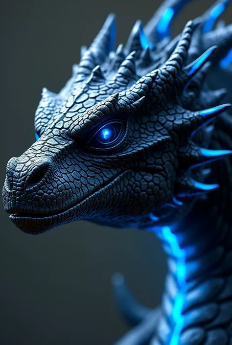 Create a close-up image of the head and neck of a black dragon ,  highlighted with electric blue lines with a very scaly appearance with the name "Chemiti" like a big title