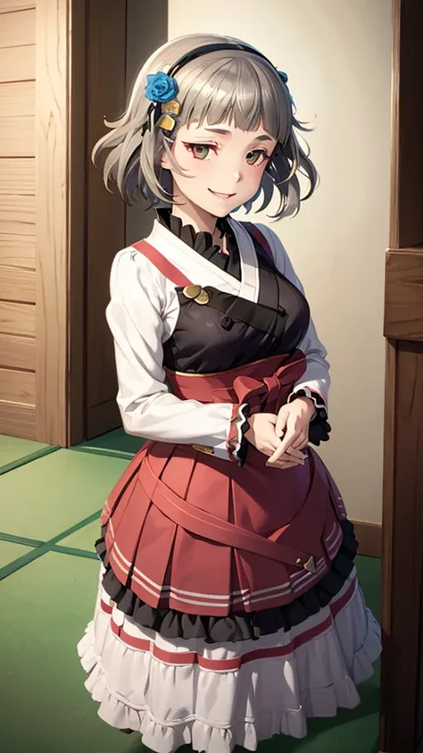 (((solo))), 1 woman, Sakuya Kurobane, sakuyaunif, kurobane_sakuya, (brown eyes), short hair, grey hair, black hairband, blue hair flower, red eyeliner, blush, smile, beautiful chest, middle chest, upper body, japanese shrine, japanese miko