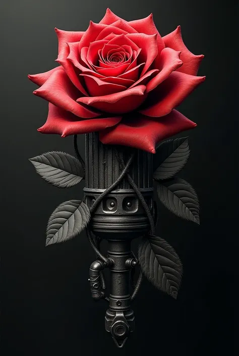 tattoo ; Fusion of a red rose with a piston