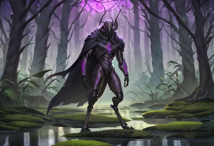 (Solo), anthro male insectoid, black robes, detailed, best art, masterpiece, quality, newest, swamp background, mandibles, chitinous body, digitigrade, purple eyes, purple rune scars across his face and body