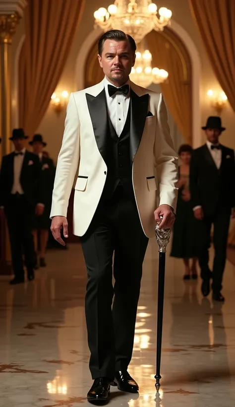 A luxurious, dimly lit 1920s-inspired grand ballroom with marble floors, golden chandeliers, and velvet curtains. Leonardo DiCaprio stands as a commanding mafia boss in the center, exuding charm and authority. He is dressed in a white tuxedo jacket with bl...