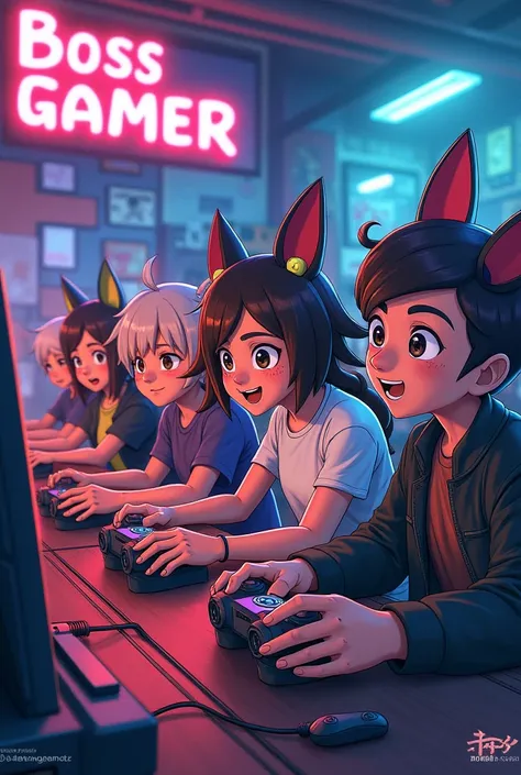 Several ren playing consoles and the name Boss Tonha Gamer in the background of the image 