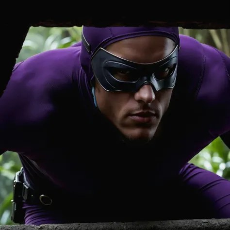 Leo Suter, a masked superhero in a dark and smoky elevator at night. Clad in a sleek, purple body-hugging lycra costume with a matte finish, his defined muscles and muscular arms are on full display. The costume features a purple collant that glides seamle...