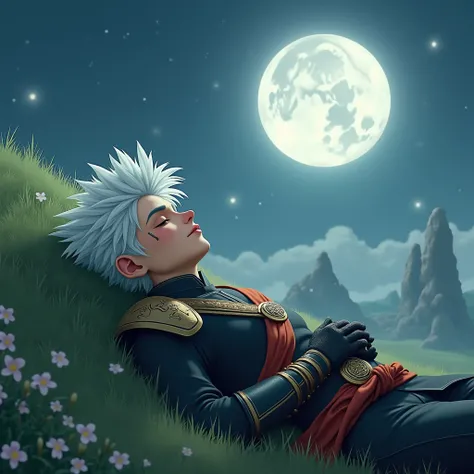 A young warrior rests peacefully under the soft light of a huge full moon that illuminates a clear, starry sky. Her spiky white hair spreads wildly across the soft grass, gleaming faintly in the silvery light. His eyes are closed, conveying an expression o...