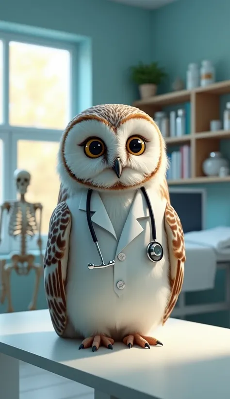 **Prompt:**  
" An extremely cute and realistic owl is perched in the center of a modern doctors office ,  wearing a white coat fitted perfectly to its small feathered body .  The owls feathers have soft shades of brown and white ,  with intricate and natu...