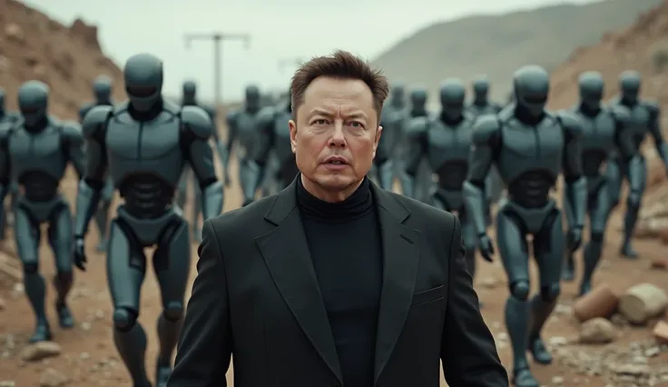 create an image of elon musk in a war scenario facing an army of neuralink robots, where his face appears with an expression of terror