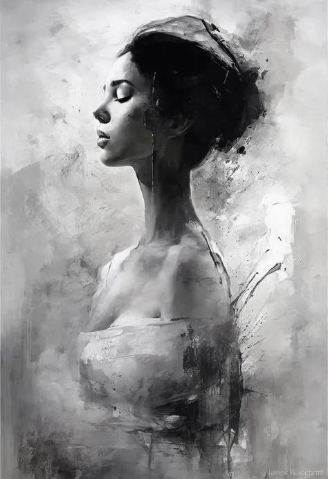 painting of a woman with a large breast and a black and white background, sensual painting, art of Original by Jarek Kubicki, best quality, masterpiece, 8k