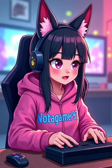 Create this ai image A girl with fox ear and his is gamer girl he playing video game and his wear a lite pink colour hoodie and on the hoodie written notagamer07 and his background is his gaming channels name notagamer07 with wings