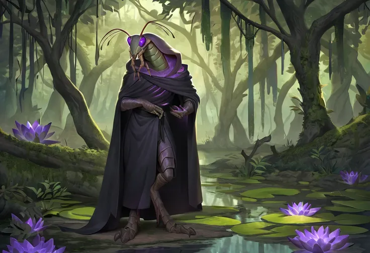 (Solo), anthro male mantis, black robes, detailed, best art, masterpiece, quality, newest, swamp background, mandibles, chitinous body, digitigrade, purple eyes, purple rune scars across his face and body