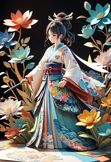 （Beautiful anime-style female samurai silhouette, Colorful Kelsan Flowers)，White background，(Paper Art, Quilted Paper Art:1.2, geometry:1.1,  zentangle, 3d rendering ), (Extremely colored,  top quality ,  Detailed Details , masterpiece,  Official Art,  Mov...