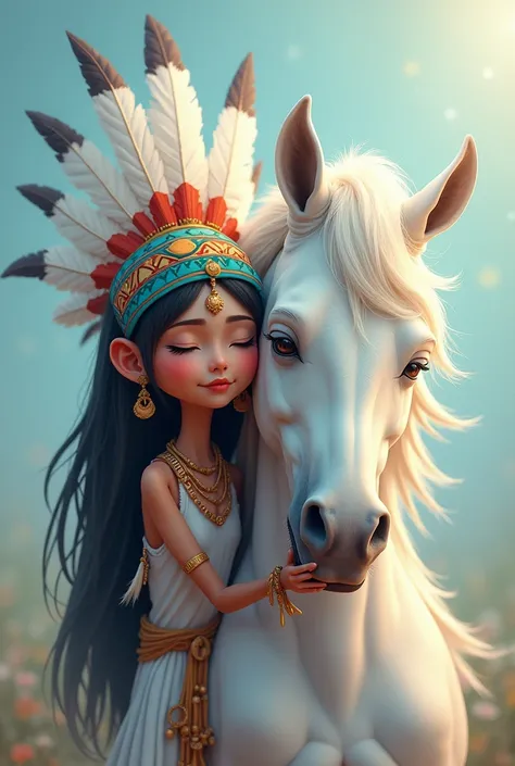  Cartoon of an indigenous person with a headdress, dressed,  closed eyes , Embraced with a white horse