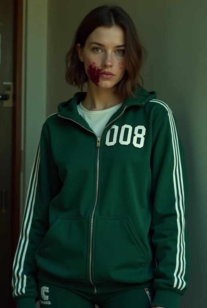  generate an image of Karina from Aespa in round 6 (Netflix Series) How does a player ,  wearing uniform number 008  ( The uniform is green similar to a zip-up sweatshirt with white stripes on the arms and chest the number) And with her bruised with blood ...