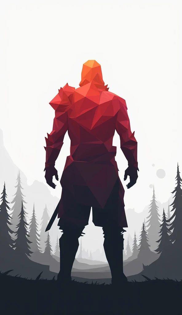 Back view of a warrior made of gradated colored polygons, Clear, angular lines ,  minimally expressed forest landscape in black and white 