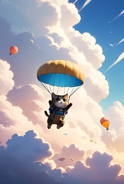 A cute realistic cat flies through the sky with a parachute