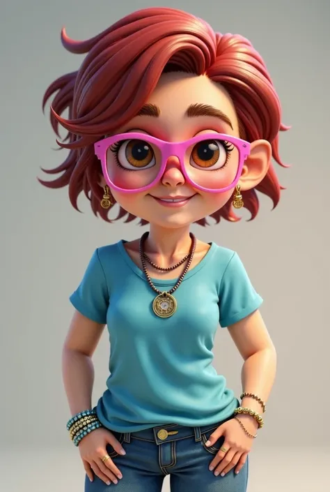  Create a 3d illustrated character for a hippie-style avatar of a 50-year-old woman, WITH NECKLACES, rings ,  blue t-shirt ,  brown eyes, pink fluorescent frame lenses. Wear jeans and short very short dark red hair 