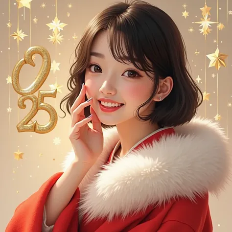  in gold and the number 2025 in Happy New Year ！An image with the letters 。
 bob cut with white hair 、 Please give a realistic picture of a fair-skinned, young, and beautiful Japanese woman with a wave perm applied to the tips of her hair 、 smiling while w...