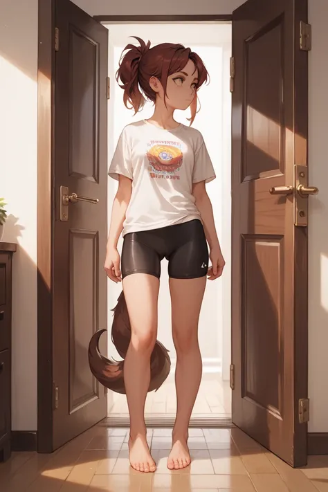 1 pretty woman, tail hair, white tshirt, standing, from beside, mad, marah, bike shorts, masterpiece, best quality, uncensored half naked, staring, naked feet, beside door, staring to camera