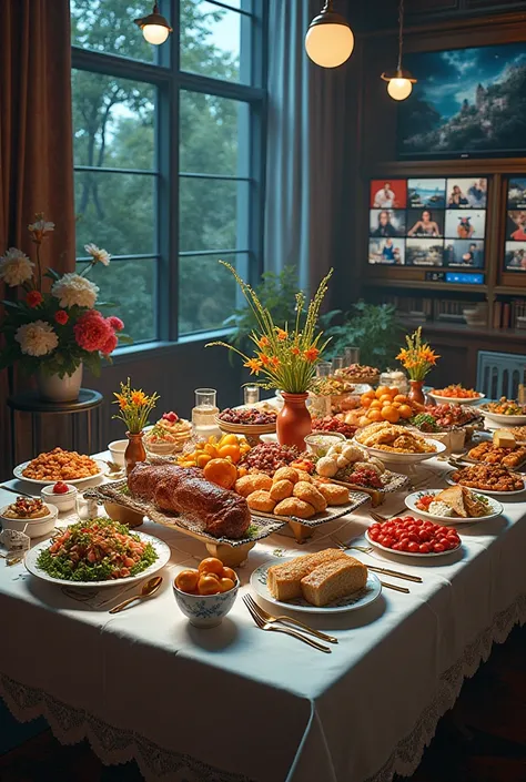  food and exaggerated pleasures (a table full of food ,  device screens )