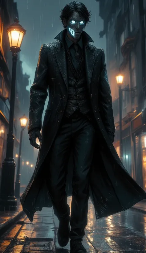  ( a tall 20-year-old man with gothic fashion :  overcoat black and undershirt ,  black pants ,  black hair), He is wearing bioluminescent neutral-looking metal mask, Walking down a modern rainy night street . The area is dark ,  the image is illuminated o...