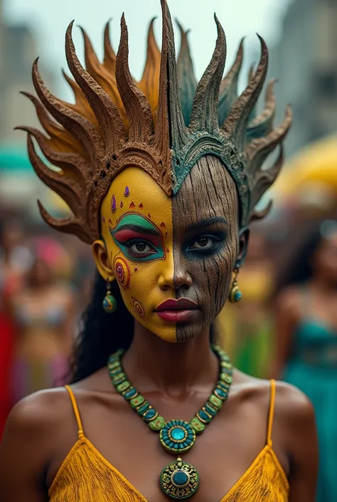 Make a woman wearing a papier-mache mask half a wooden face during the Rio de Janeiro carnival 