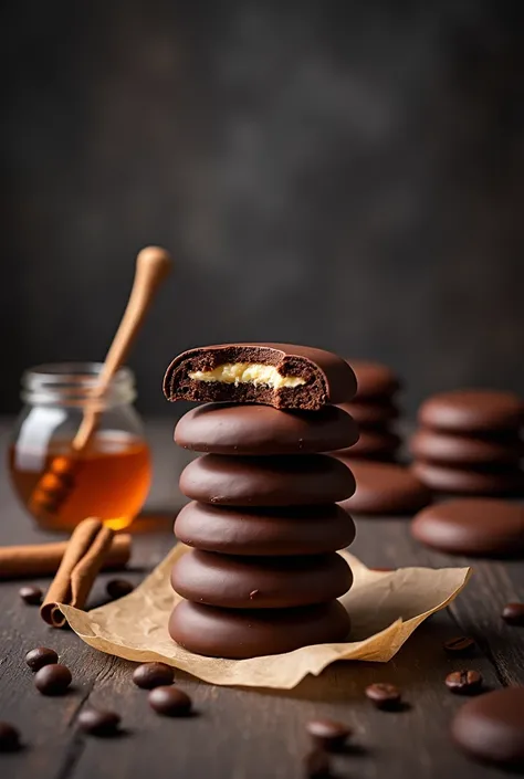 A stack of round, chocolate-covered cookies, with a visible, light-colored filling, rests on a dark wooden surface.  The cookies are arranged in a slightly overlapping, tiered manner.  Some pieces are angled, with a portion of one cookie sliced open to rev...