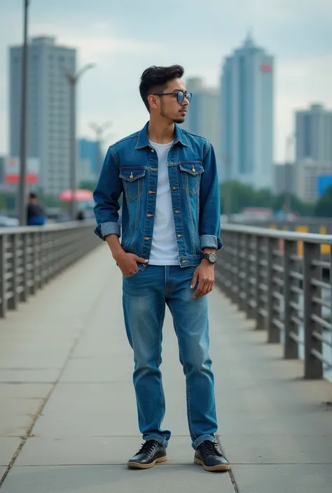 Seorang pemuda tampan Asia Indonesia usia 25 tahun memakai kemeja biru memakai celana jeans abu-abu memakai sepatu snaker hitam sedang bersandar tersenyum di sudut jembatan kota Ampera 🌉latar belakang awan biru