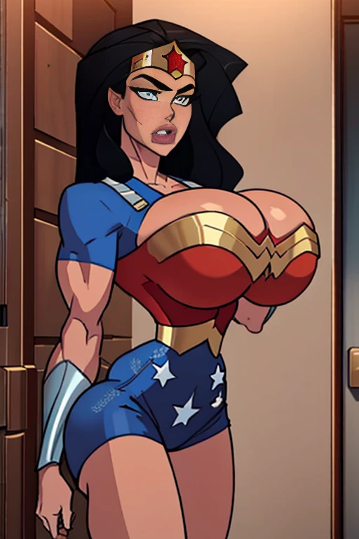 (High-definition CG), (    top quality ), (High-definition CG), (    top quality ), (Overall view)   with a cool and handsome face    ,    Wonder Woman costume    ,       beautiful young woman , 18 years old,        toned musculature     ,  with a  with a ...