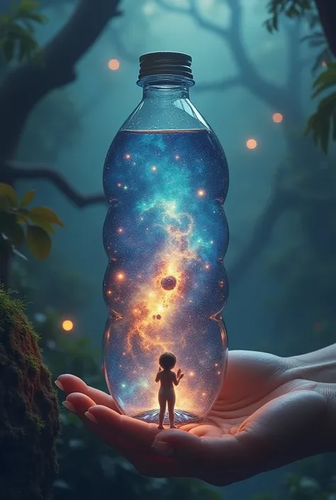 A picture of the universe in a water bottle held by a small 