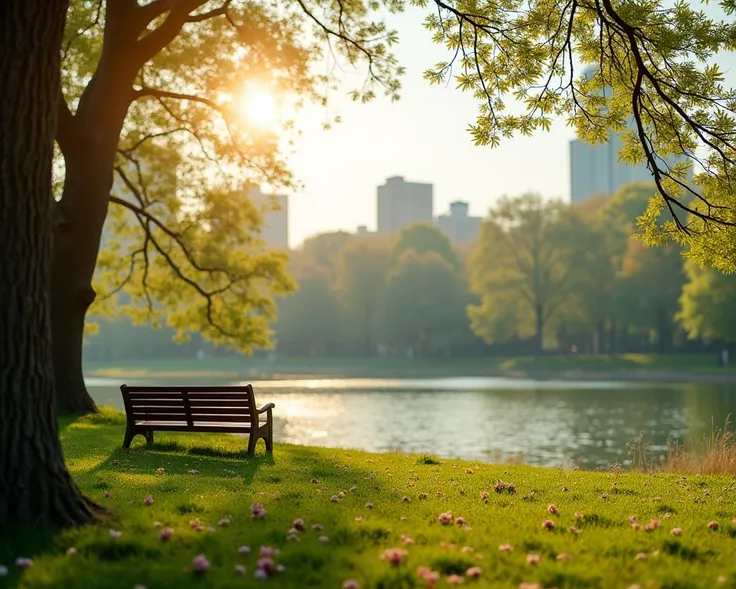 perfect spring day with, Parks and Gardens, picnic, parks and lakes,  sunny atmosphere , with a park in the background, in a city park, Central Park, without people, Promotional photo, spring season,  High-resolution image 