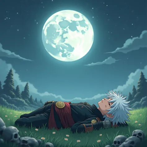 Naruto anime drawing style A young warrior rests peacefully under the soft light of a huge full moon that illuminates a clear, starry sky. Her spiky white hair spreads wildly across the soft grass, gleaming faintly in the silvery light. His eyes are closed...