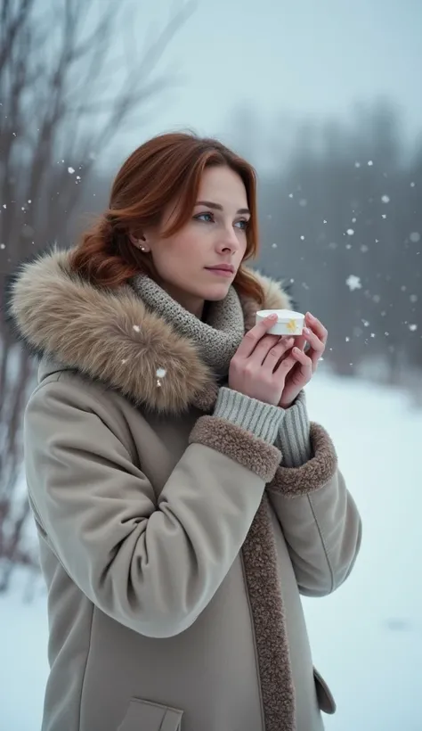  American woman in a cold environment with a coat,  applying cream on her face during her skincare ritual , detailed and realistic aesthetics 