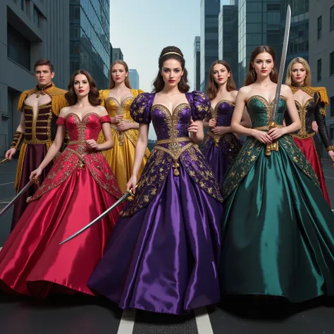 Some soldiers in ball gowns, With a sword in his hands, HD, Modern.