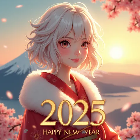  in gold and the number 2025 in Happy New Year ！An image with the letters 。The background is Mt. Fuji and the blue sky and sunrise 。
 bob cut with white hair 、 The hair with a wavy perm applied to the tips is characteristic。Please give a realistic depictio...