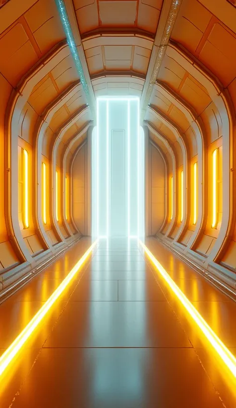 LEDs cyber punk tunnel center three pillars neon gold metallic, yellow color, three white pillars neo , three laterally long windows with neon white glitter, Contrasted BLUE