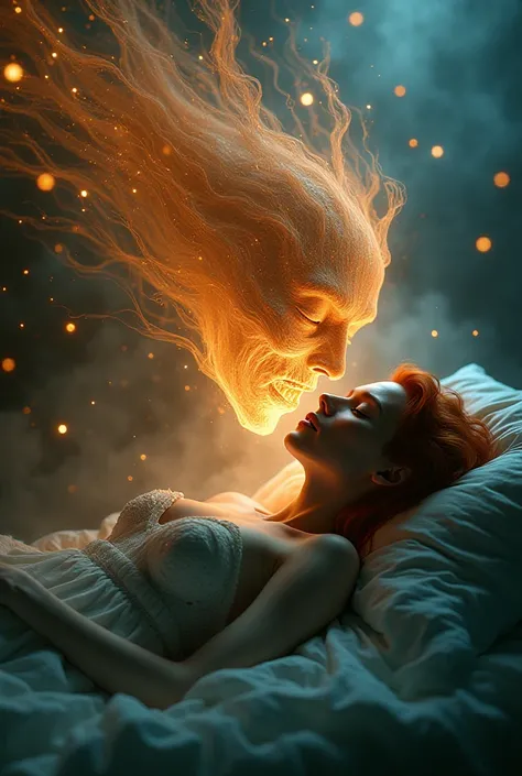 A Colorful, Vivid, ethereal multidimensional entity covertly extracting energy Glowing, Twinkling, Blazing, from a sleeping redhead young woman. Realistic skin, revealing body. The woman is in the midst of a captivating, complex nightmare. Epic cinematic b...