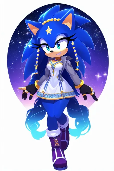 Sonic oc, Mobian, female, sonic the hedgehog but female, Cosmic hedgehog, A beautiful light blue hedgehog, purplish blue eyes, very long hair/quills, braided and beaded long hair bangs, long streaks of hair on each side of her face, (star constellation on ...