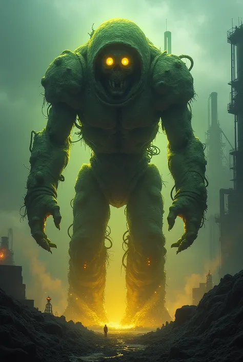 A radioactive waste golem ,  based on the Chernobyl nuclear leak, dark fantasy, It is 2 meters tall , based on the tabletop role-playing book Promethean The Created.