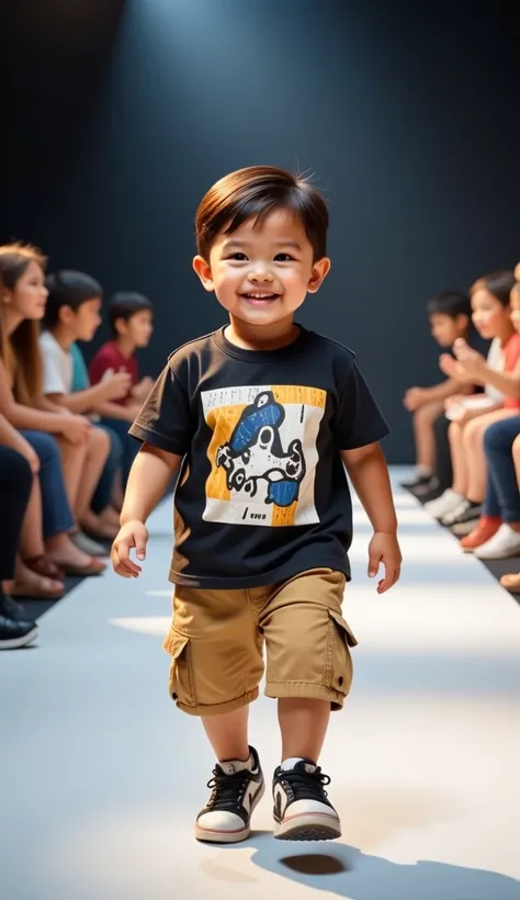 "Ultra-realistic 3D image of a cute and chubby  Indonesian baby boy, dressed in trendy 2024 fashion, including a stylish oversized t-shirt, modern cargo shorts, and sneakers. He is confidently walking down a runway, smiling brightly, with the spotlight on ...